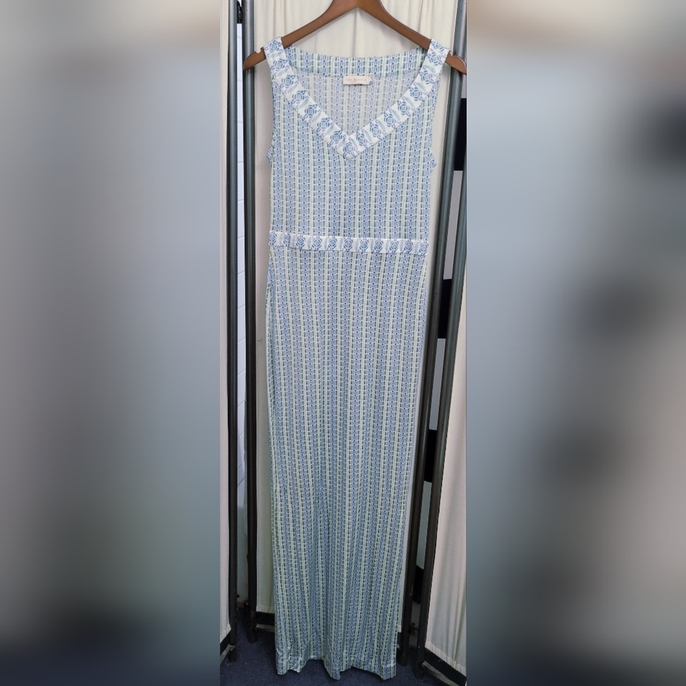 Tory Burch 100% Silk Blue & Green Sleeveless Maxi Dress | Size Small
